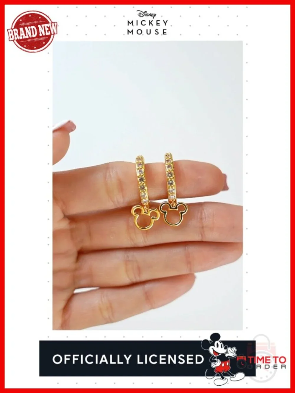 Gold Flash-Plated Cubic Zirconia Hoop Earrings with Mickey Dangle Charm